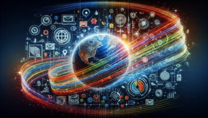 Strategies for Optimizing Email Open Rates: An email interface featuring vibrant action verb subject lines like "Discover," "Unlock," "Boost," complemented by global and seasonal icons.