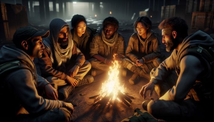 A diverse group of survivors around a fire, sharing stories, symbolizing trust and open communication.