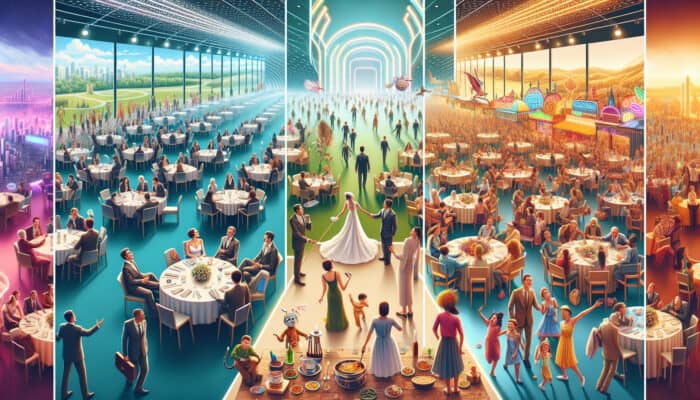 A collage of a professional corporate conference, a personalized wedding, and a lively community festival.