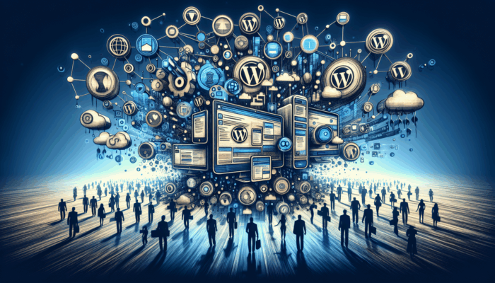 WordPress Website Design Agency in Sidmouth: A digital landscape illustrating WordPress's versatility with user-friendly interface, plugins, themes, and global community support.