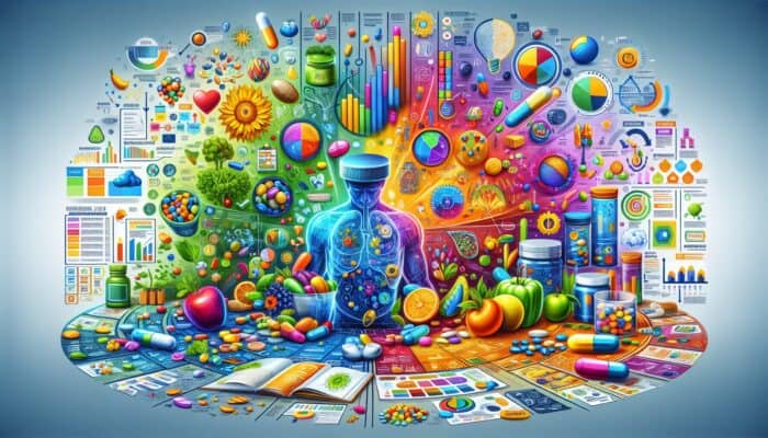 A colorful infographic illustrating the benefits and uses of dietary supplements, catering to various learning styles.