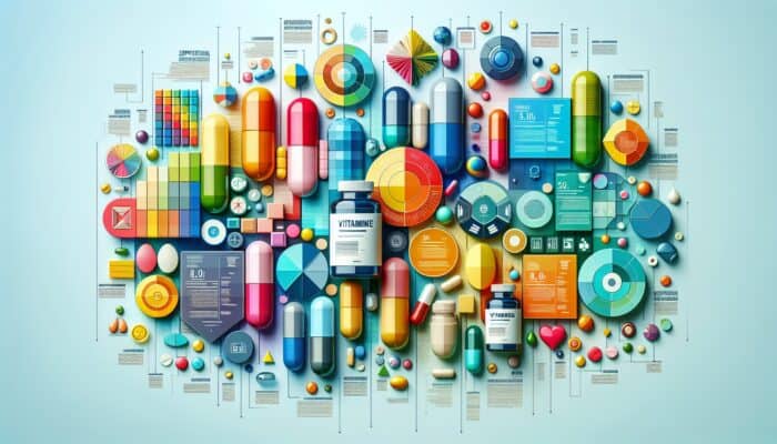 Vibrant infographic showcasing tips for creating supplement-oriented content, featuring vitamins and capsules.