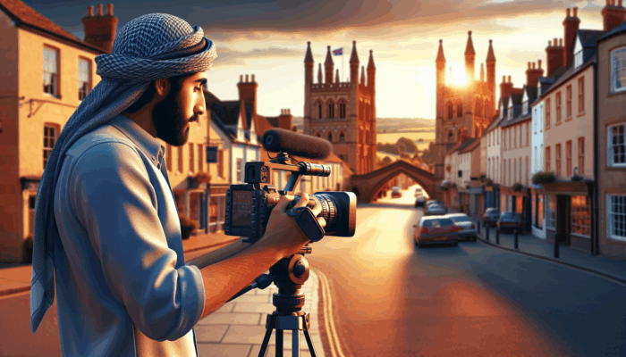 A person filming historic buildings and scenic landscapes in Tiverton with a camera and tripod during the golden hour.