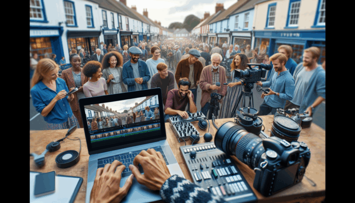 Local actors, videographers, and editors in Tiverton collaborating on video production, capturing the essence of the community.