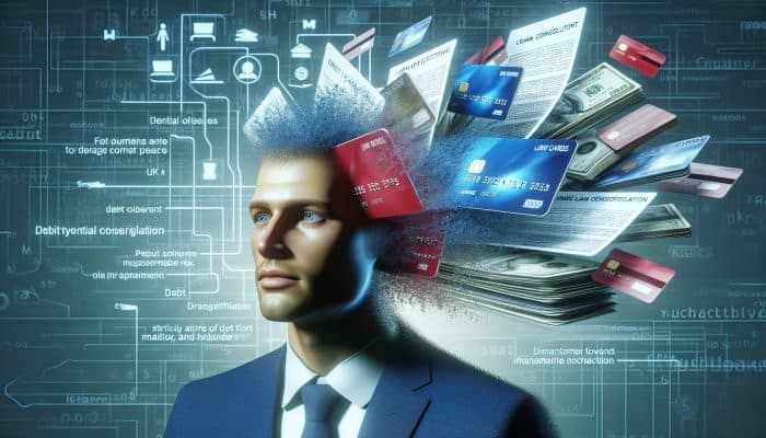 Debt Consolidation Loans From Nonprofit Lenders: Person relieved as multiple debts merge into one manageable loan, symbolizing UK debt consolidation.