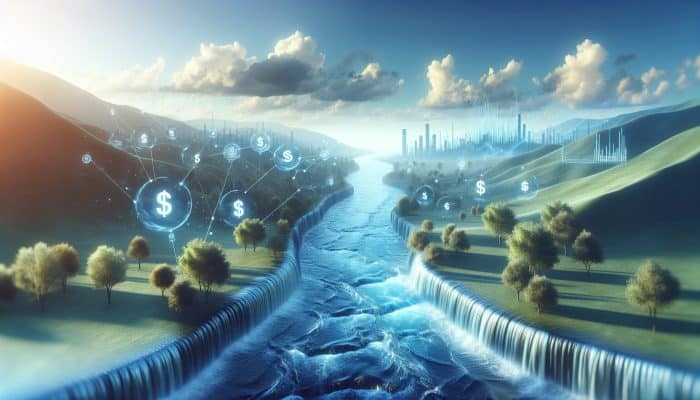 How to Stay Motivated with a Consolidation Loan: A serene landscape with a single stream merging smaller streams, symbolizing debt consolidation under a calming sky.