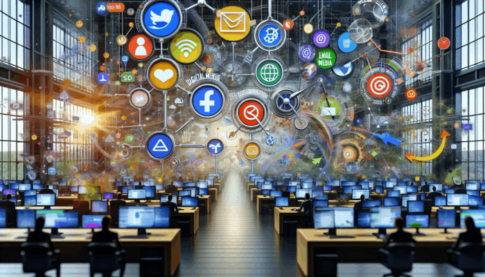 Boost Your Yate Small Business with Local Digital Marketing: A digital marketing hub in Yate with screens showing SEO, social media, email, and website analytics.