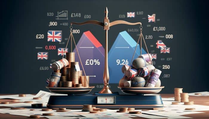 Debt Consolidation Loan Debt-to-Income Ratios: A scale with coins and bills, financial graphs, and a UK flag, illustrating debt-to-income ratio.