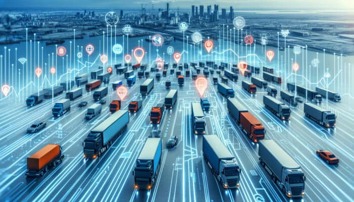 A logistics hub with trucks, fuel price indicators, and regulatory signs illustrating transport challenges.