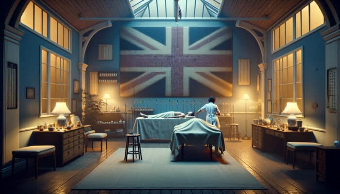 A depiction of the evolution of acupuncture meridians in the UK, highlighting a 1970s clinic that merges traditional Chinese techniques with British healthcare.