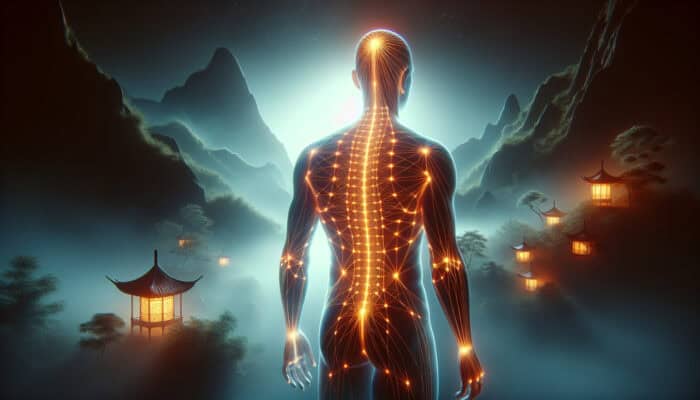Artistic illustration of the human body with highlighted acupuncture meridians, set against a tranquil Chinese backdrop.
