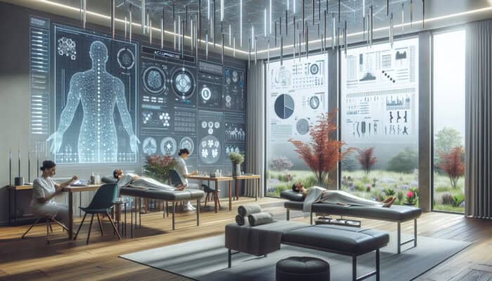 A serene clinic room in the UK with patients undergoing acupuncture, surrounded by modern technology and natural elements, symbolizing holistic health and well-being.
