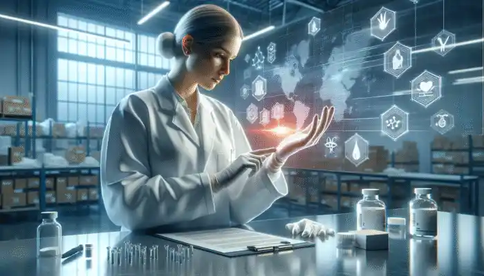 A healthcare professional assessing sterile gloves in a modern Ashford warehouse, accompanied by analysis charts and supplier logos.