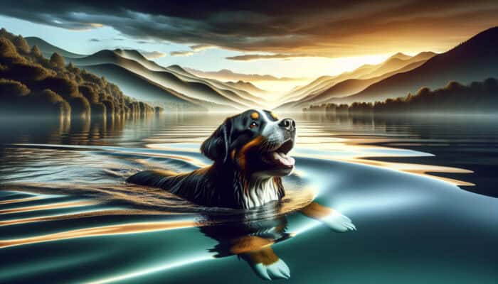 A Bernese Mountain Dog swimming joyfully in a serene lake at sunset.