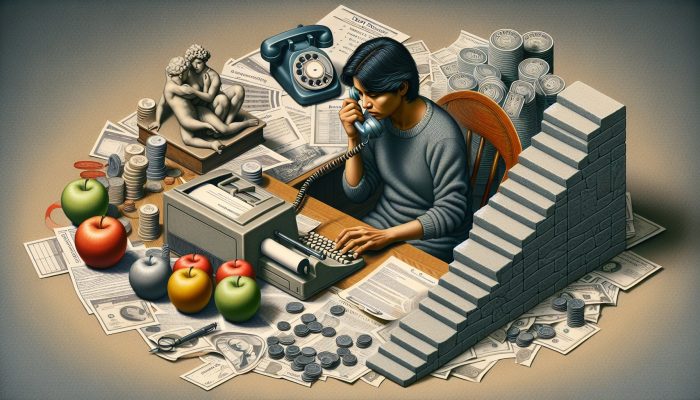 Individual negotiating with creditors at a desk using a phone and computer, with a chart displaying reduced interest rates and payments.