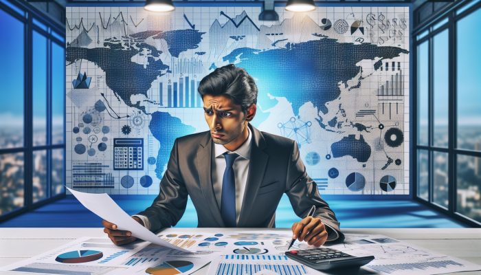 A person reviewing financial documents with charts, appearing concerned in an office with a calculator and pen.