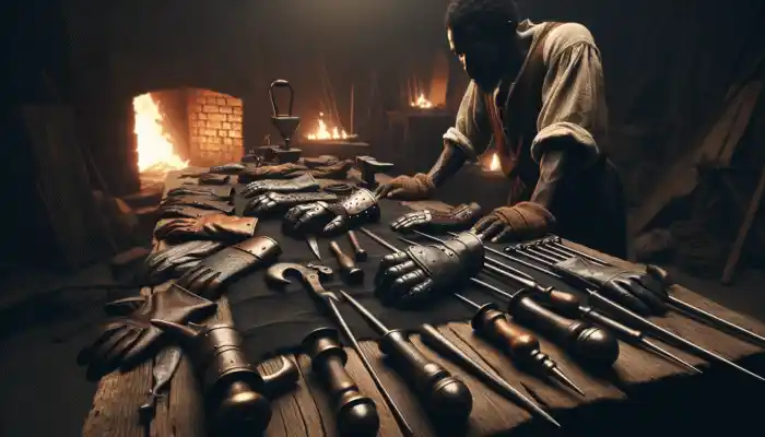 A blacksmith examines gauntlet gloves in a dimly lit forge, with labels highlighting tips on material, fit, and protection.
