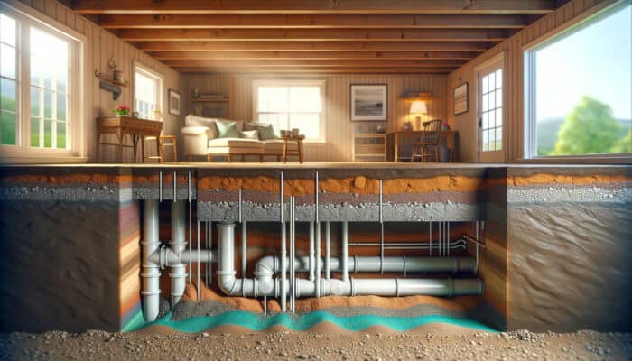 Cross-section of residential crawl space illustrating drainage pipes diverting water, with clay soil retaining moisture and sandy soil allowing runoff under soft light.