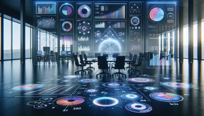 Best Tools for Tracking Hosting SEO Performance: A dynamic digital dashboard in a modern office displaying vibrant graphs of SEO metrics like keyword rankings, traffic, backlinks, and on-page factors.