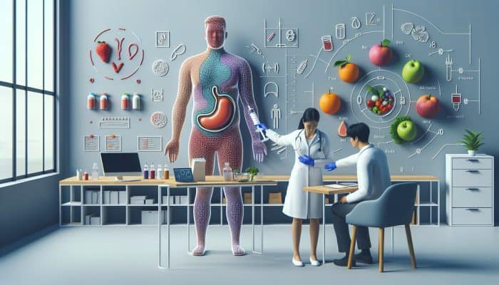 A doctor in a Bristol clinic draws blood for a food intolerance test, surrounded by bloating symptom charts and fresh fruits.