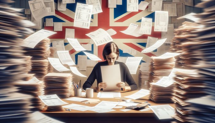 Person in UK consolidating debts into one loan, surrounded by bills, with a clear document on desk.