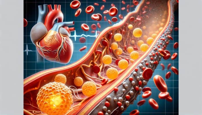 Understanding LDL, HDL and Triglycerides: Illustration of LDL cholesterol orbs forming plaque within a clogged artery, obstructing blood flow to the heart, alongside a comparison of healthy arteries with the NHS emblem.