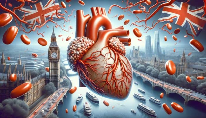 Illustration depicting LDL cholesterol particles clogging arteries in a human heart, with Big Ben and the Thames in the background, symbolizing health impacts in the UK.