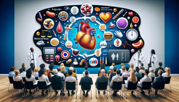 Illustration of triglycerides and cholesterol molecules with diverse individuals in a UK clinic learning about obesity risks and metabolic syndrome symbols.