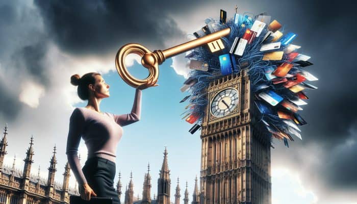 How Debt Consolidation Affects Future Borrowing: A determined person in front of Big Ben merges tangled credit card chains and documents into a golden key under a cloudy sky.